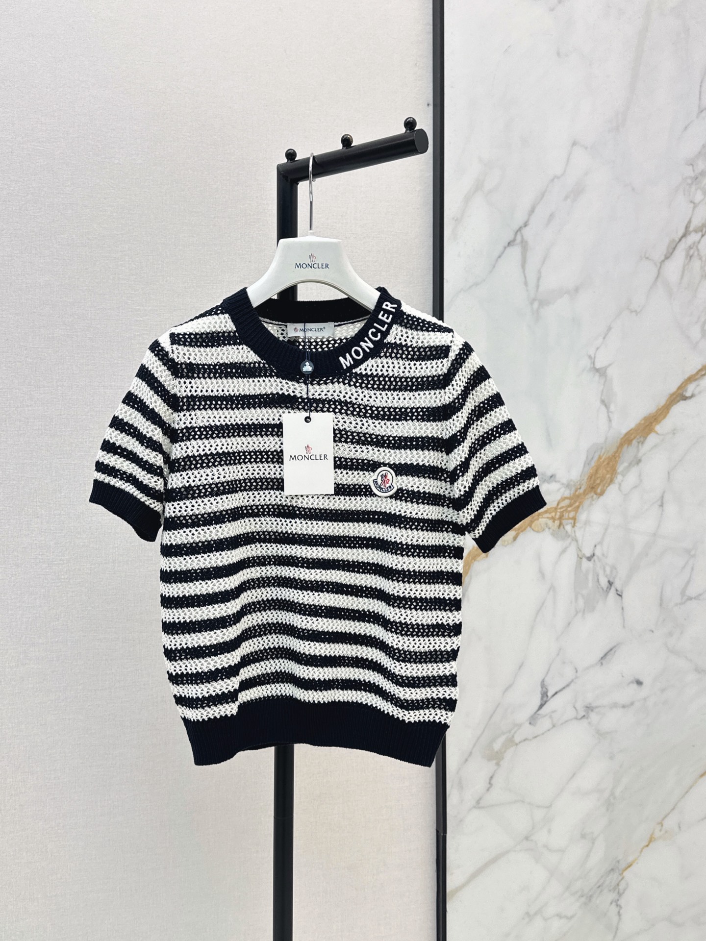 Monc New Vintage Hollow-out Color-block Striped Short Sleeve