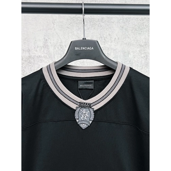 Balenciaga Clothes 3B Silhouette Ribbed V-neck Printed T-shirt Black/Dark Blue/Gray