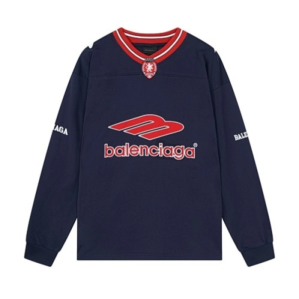 Balenciaga Clothes 3B Silhouette Ribbed V-Neck Embroidered & Printed Long-Sleeve T-Shirt Black/Blue