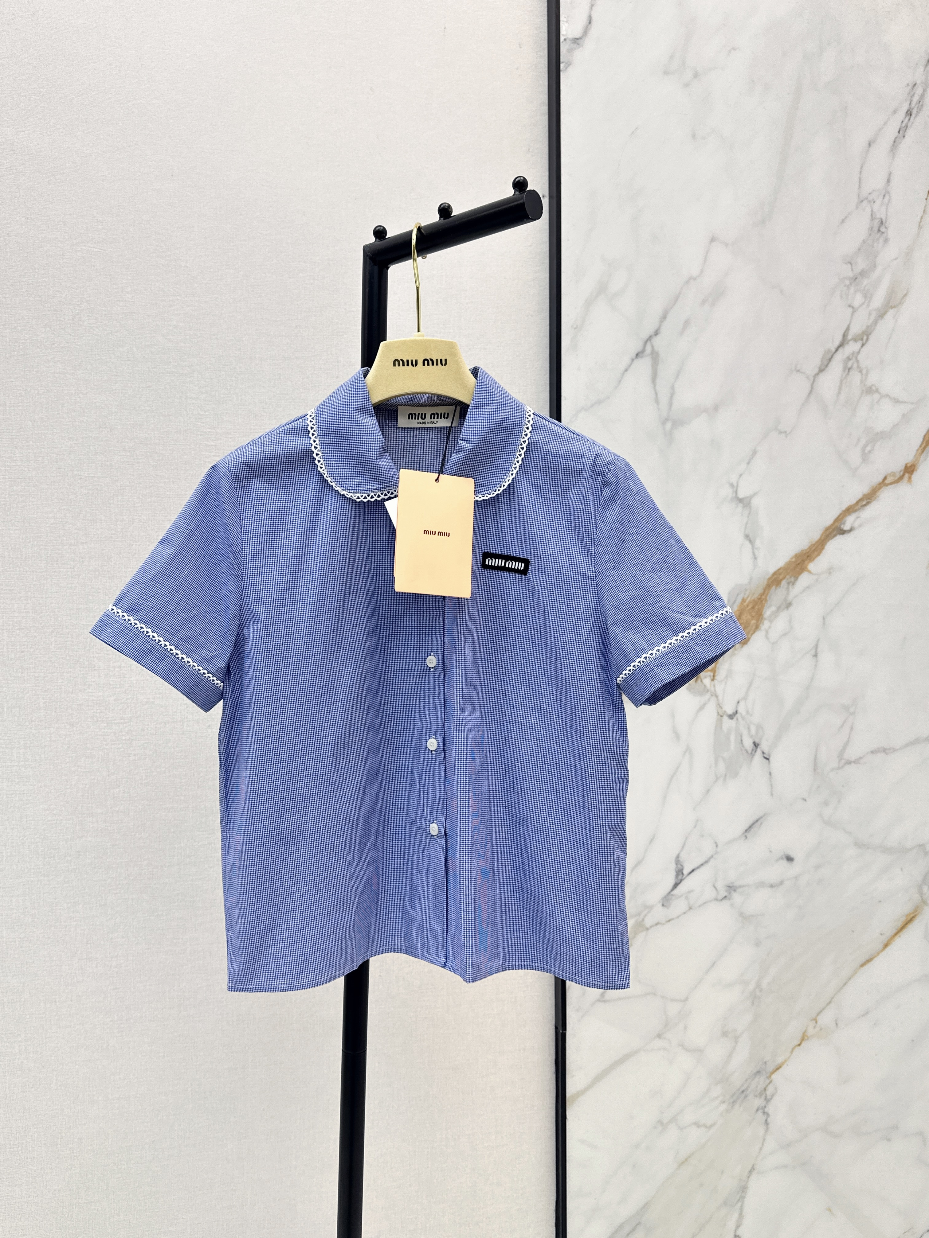 Miu New Blue plaid short-sleeve shirt