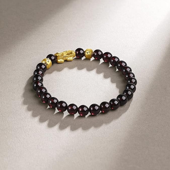 SS31-10-24K Solid Gold Garnet Beaded Bracelet – Real Gold Charm Stretch Bracelet