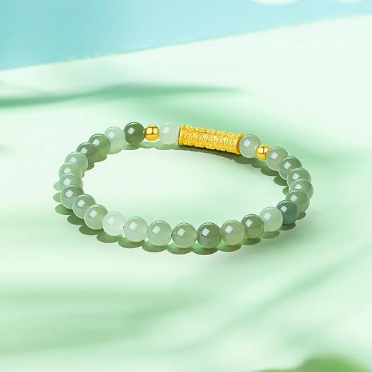 IGF1-24K Gold Green Jade Beaded Bracelet – Adjustable Stretch Bracelet
