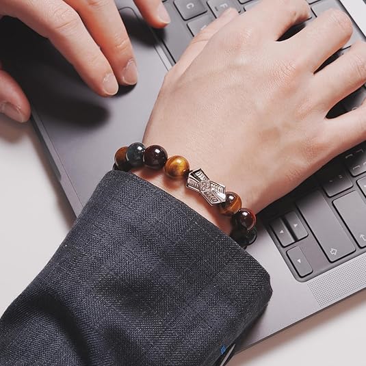 R5-Men's Natural Gemstone Beaded Bracelet with Sterling Silver Engraved Charm 12mm Stretch Bracelet