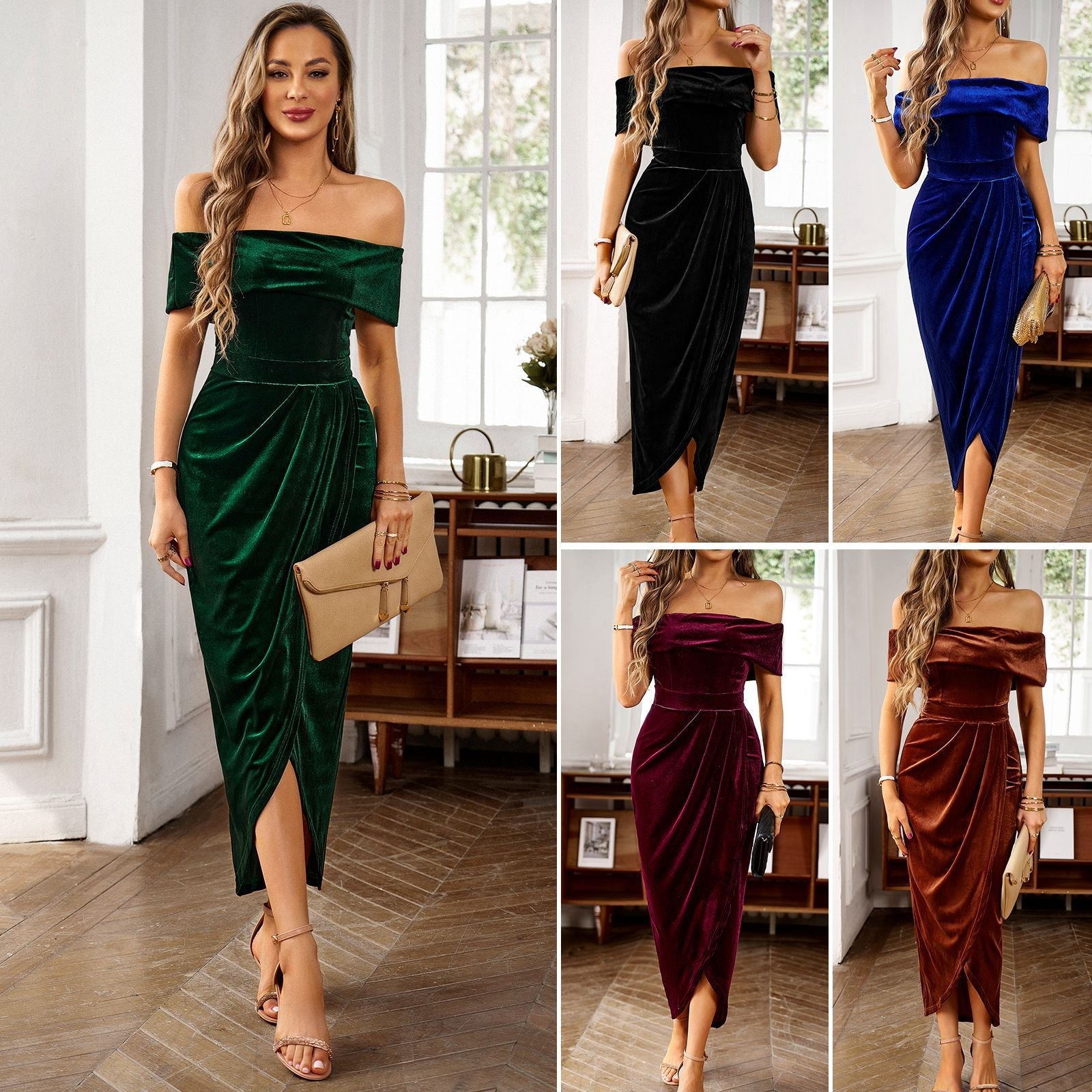 💃Christmas Sale 49% OFF🎉Women's Elegant Off The Shoulder Ruched Velvet Dress