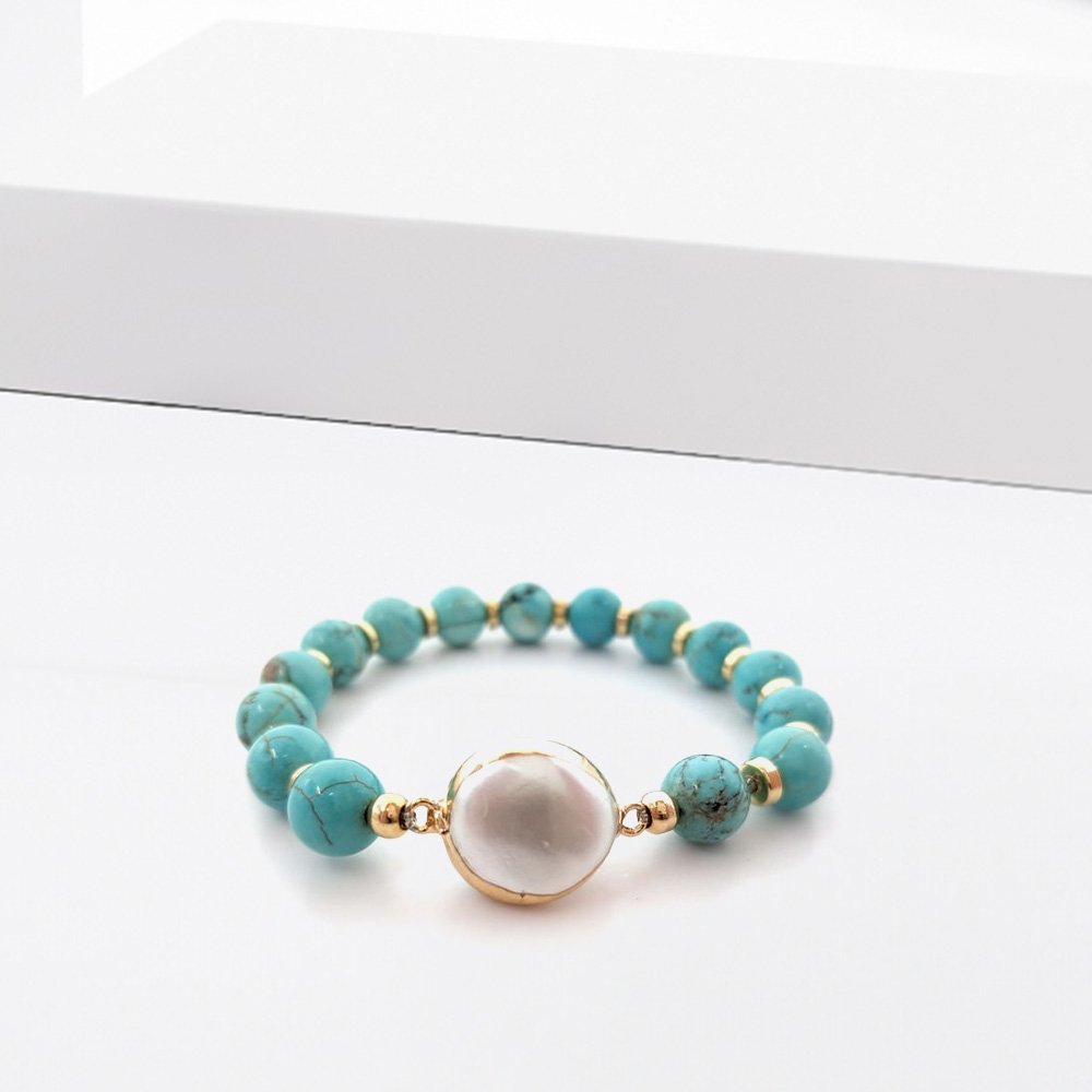 Turquoise Beaded Bracelet with Natural Pearl Charm