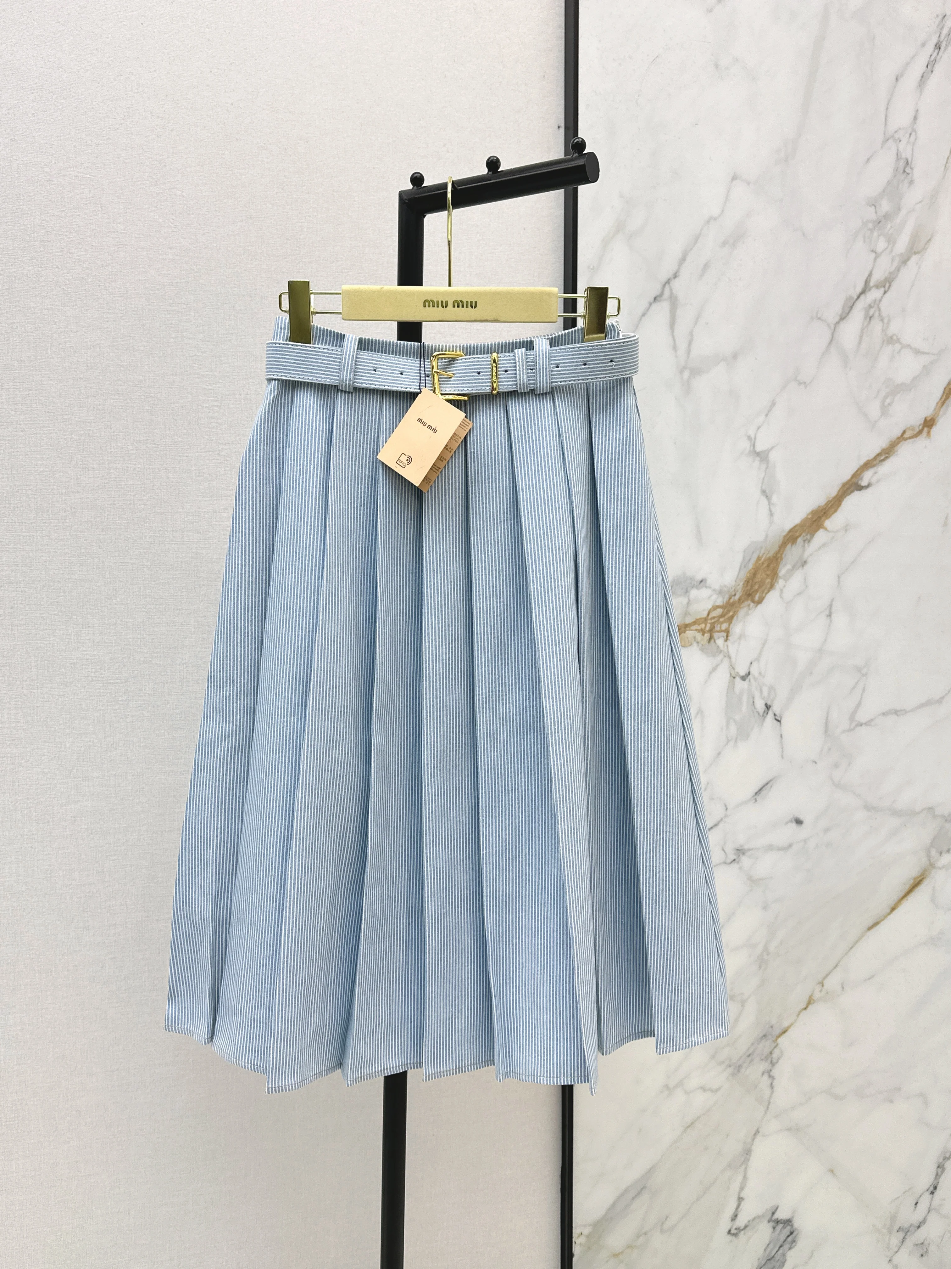 Miu NEW Striped belted pleated midi skirt