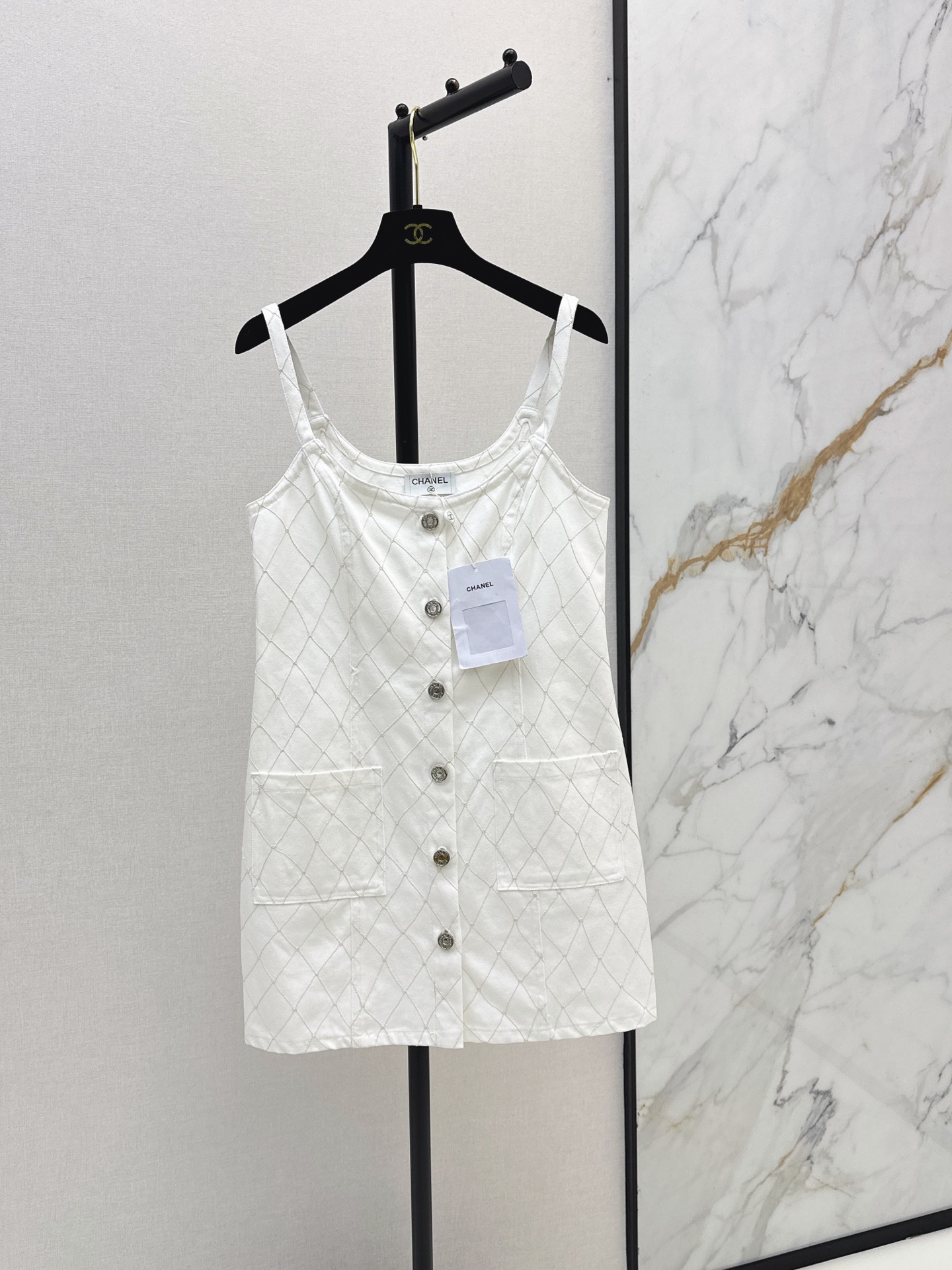 Chan New Embroidered Diamond-Quilt Denim Camisole Dress