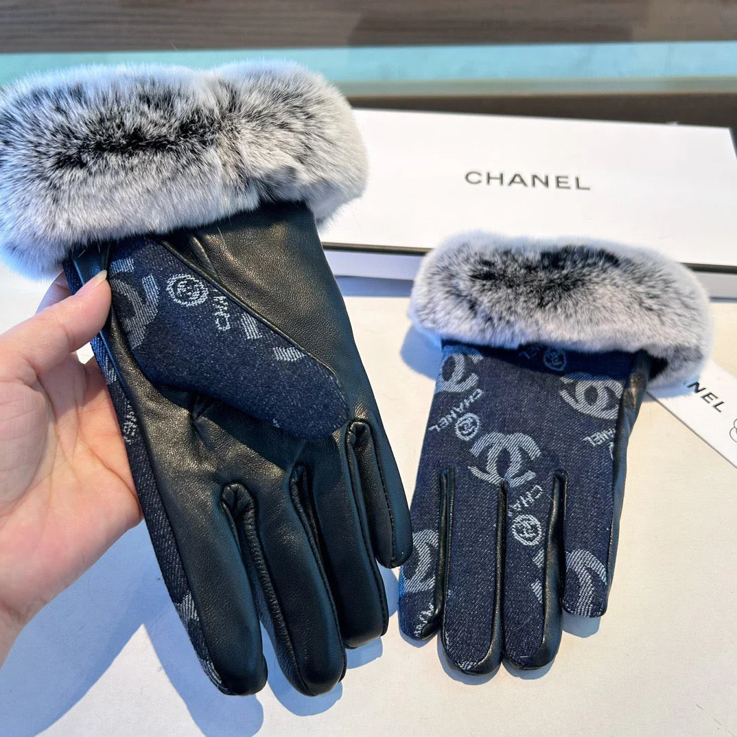 Chan New woolen denim and sheepskin gloves