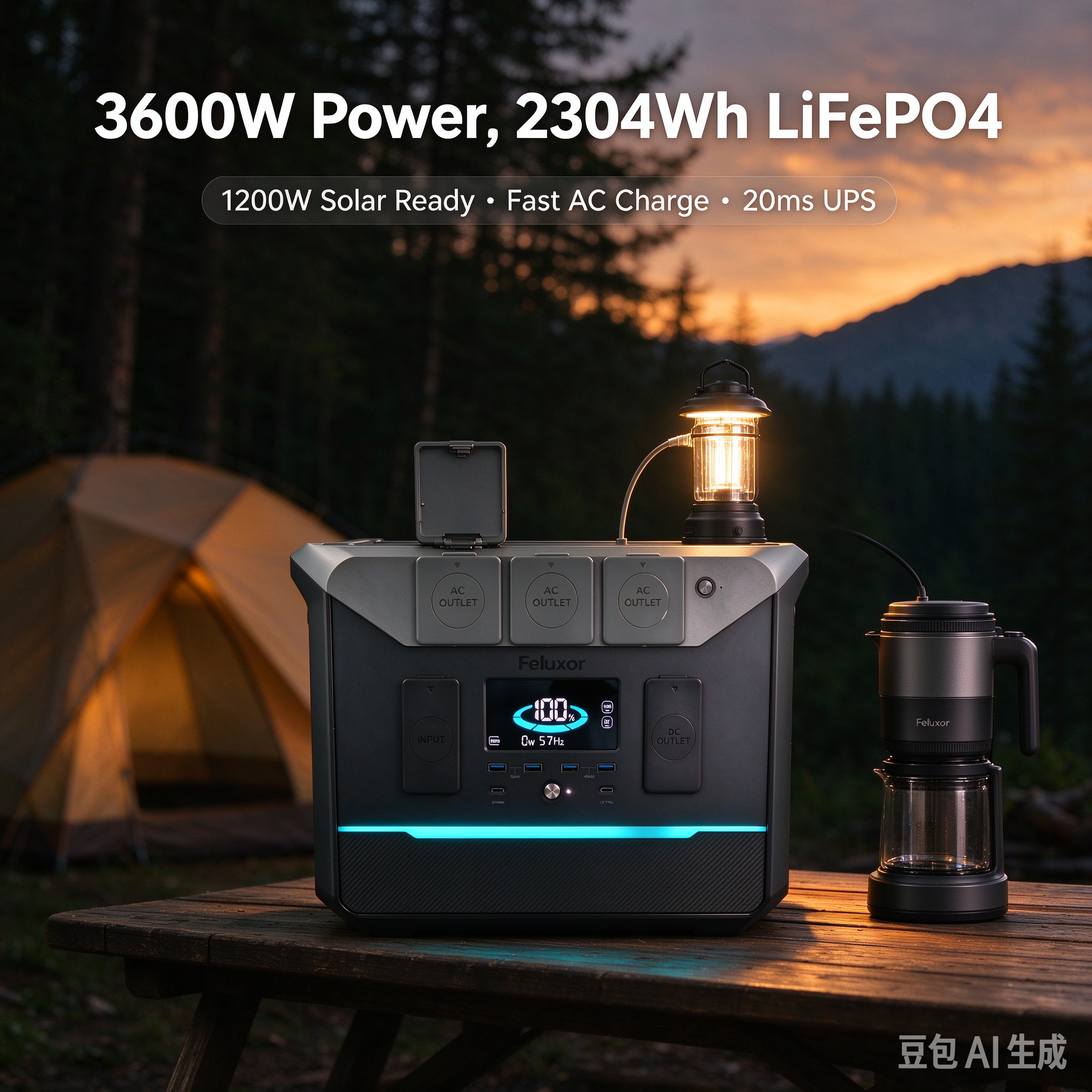 Feluxor QM3600W powering a camping lantern and coffee maker at an outdoor campsite at dusk