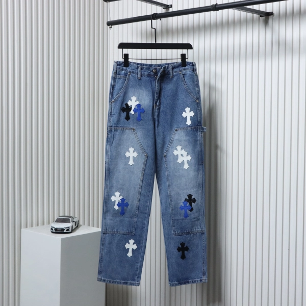 Chrome Hearts Fleur Knee Cross Patch Jeans Blue