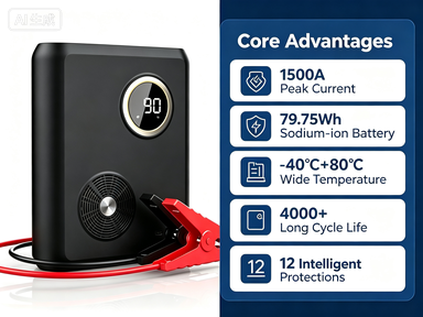 GK03 car jump starter core advantages, 79.75Wh sodium-ion battery, 4000+ cycles, 12 intelligent protections