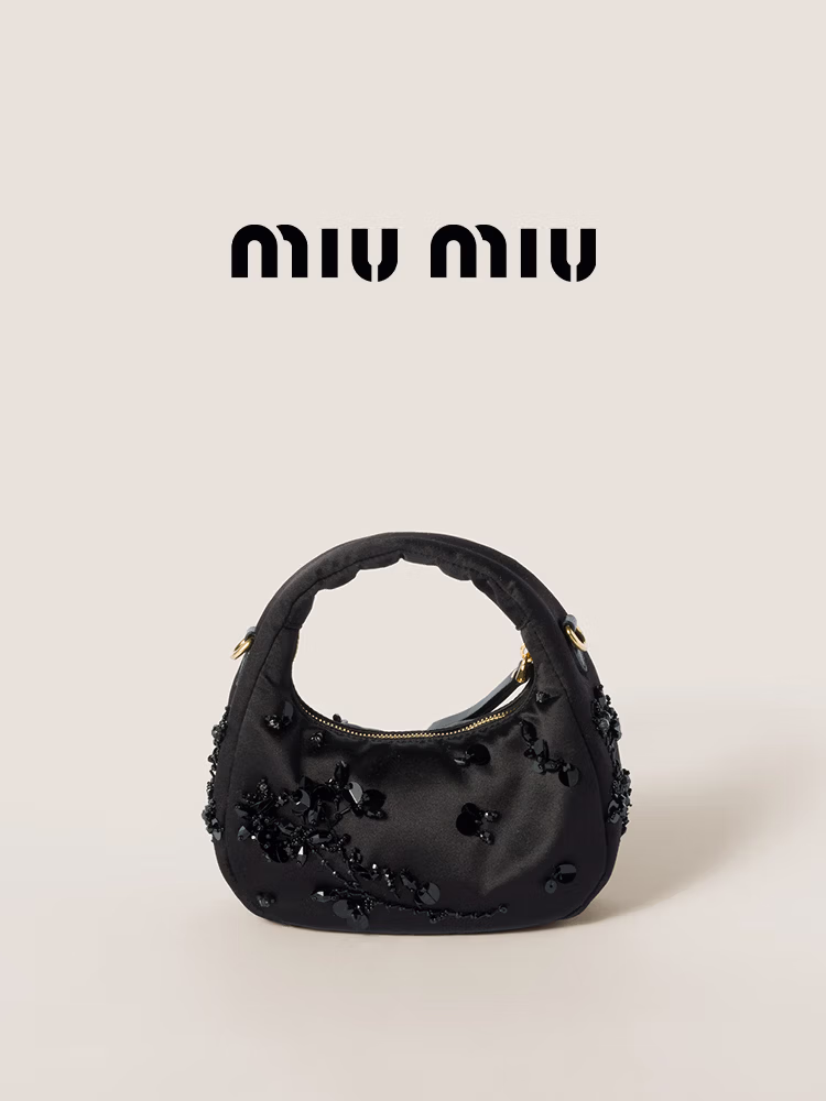 MiuMiu Miu Lady Wander Embroidered Duke Satin Mini Tote Black