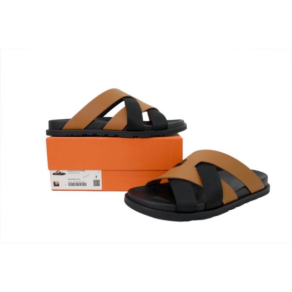 HERMES Coffee Cross Strap Slides