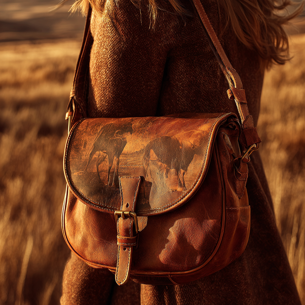 Hand-Painted Western Wildlife Distressed Leather Saddle Bag