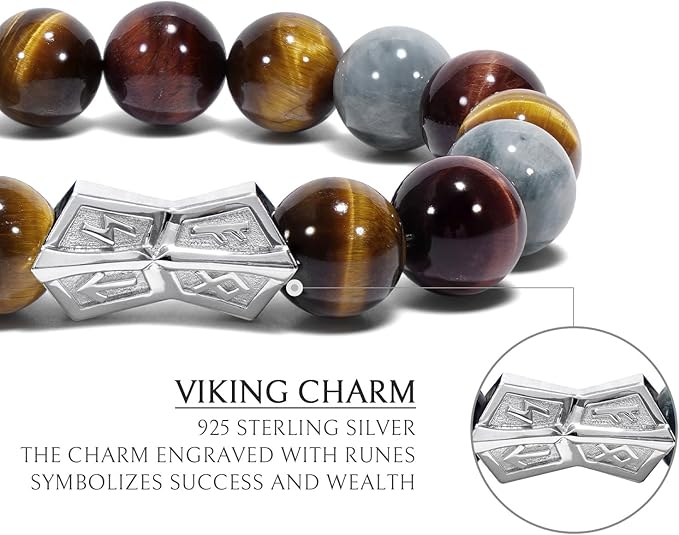 R5-Men's Natural Gemstone Beaded Bracelet with Sterling Silver Engraved Charm 12mm Stretch Bracelet