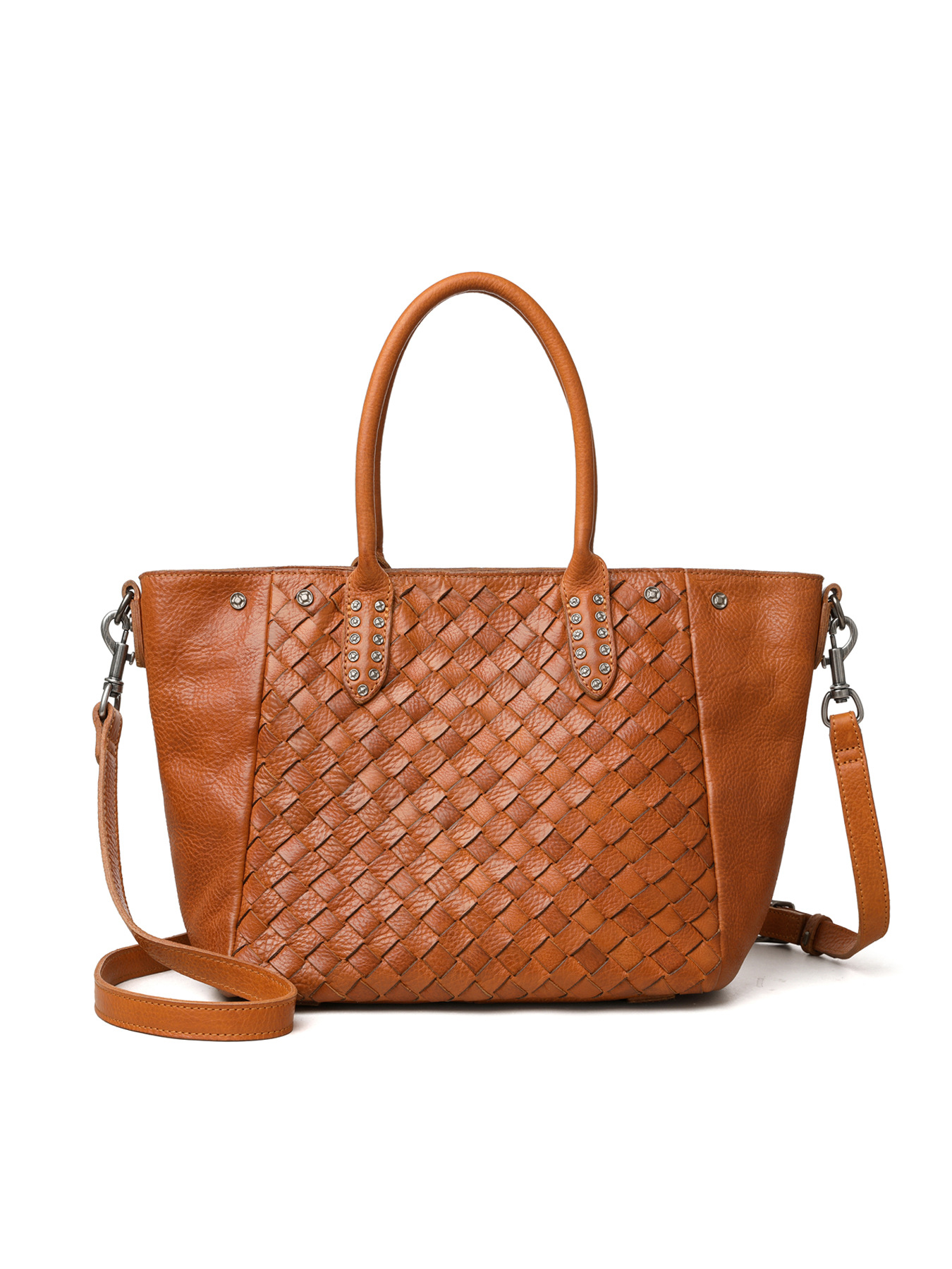 Cognac Tan Woven Leather Tote