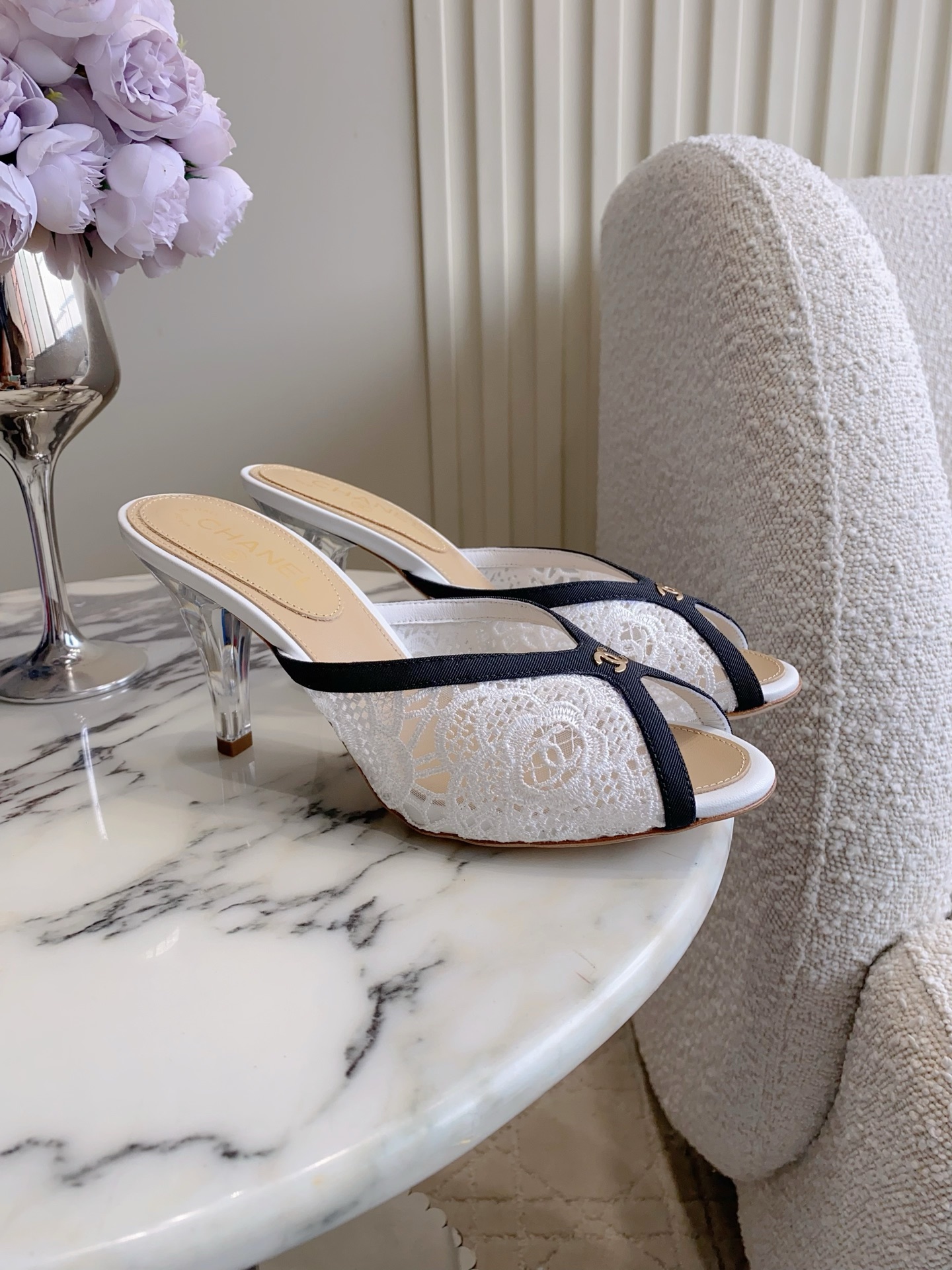 Chan New Mesh high-heeled slippers