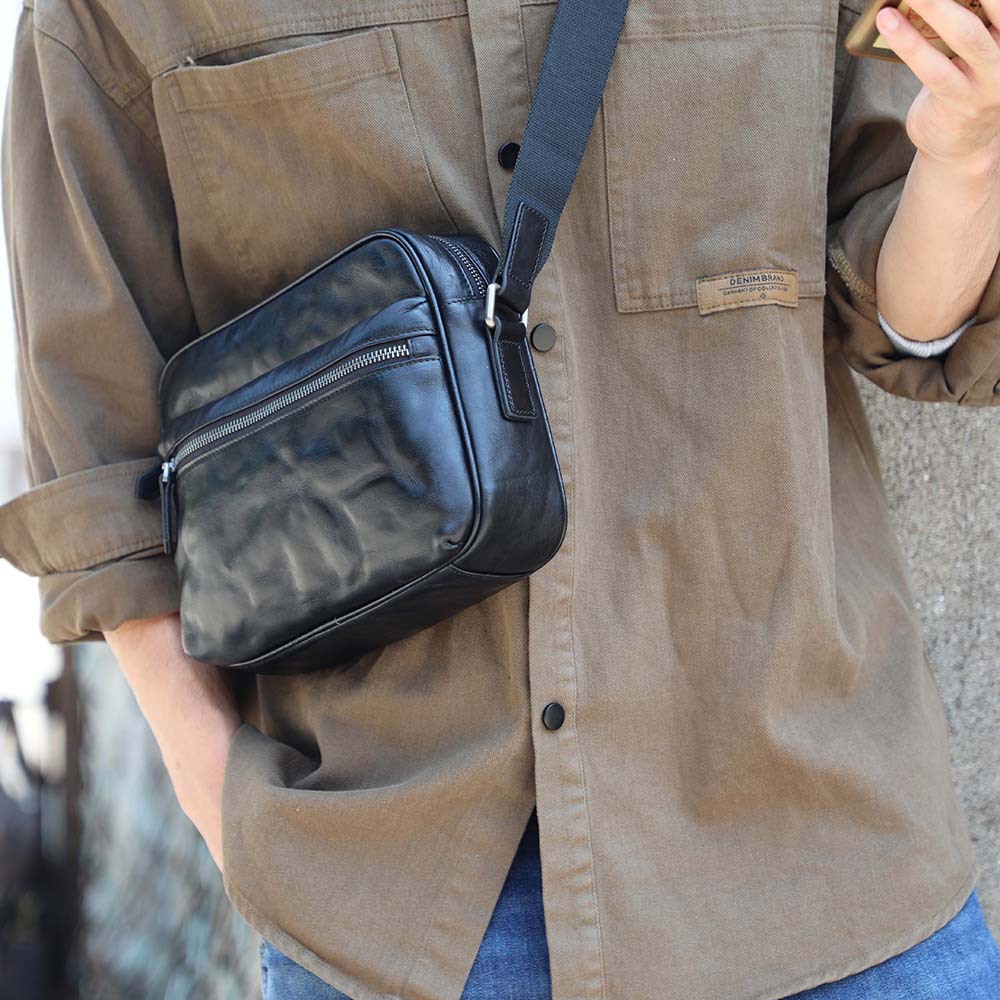 Sleek Black Leather Multi-Zip Crossbody Bag - Modern Utility for Daily Carry