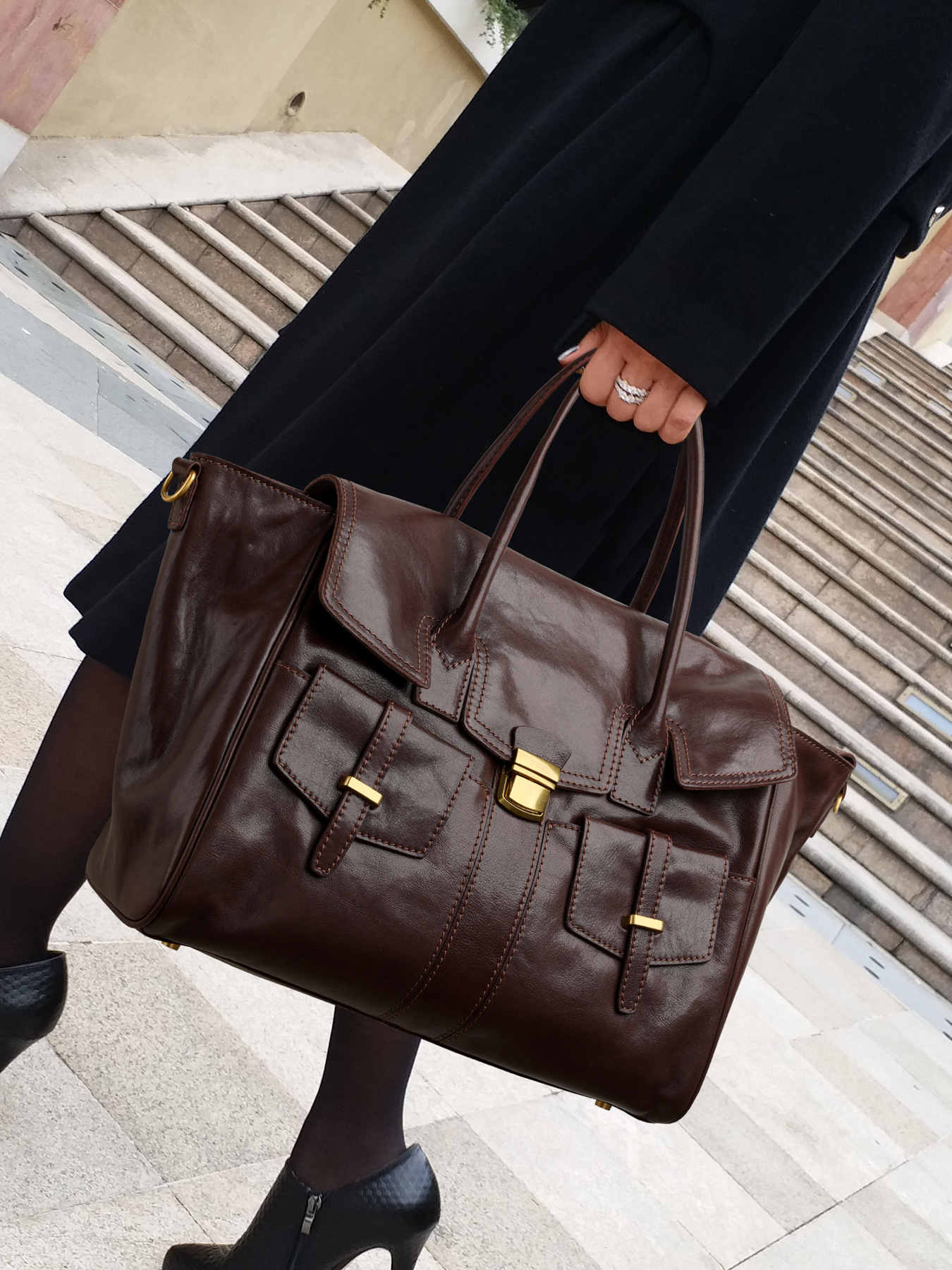 Black Leather Structured Satchel