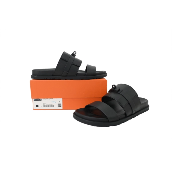 HERMES Solid Black Button Slides