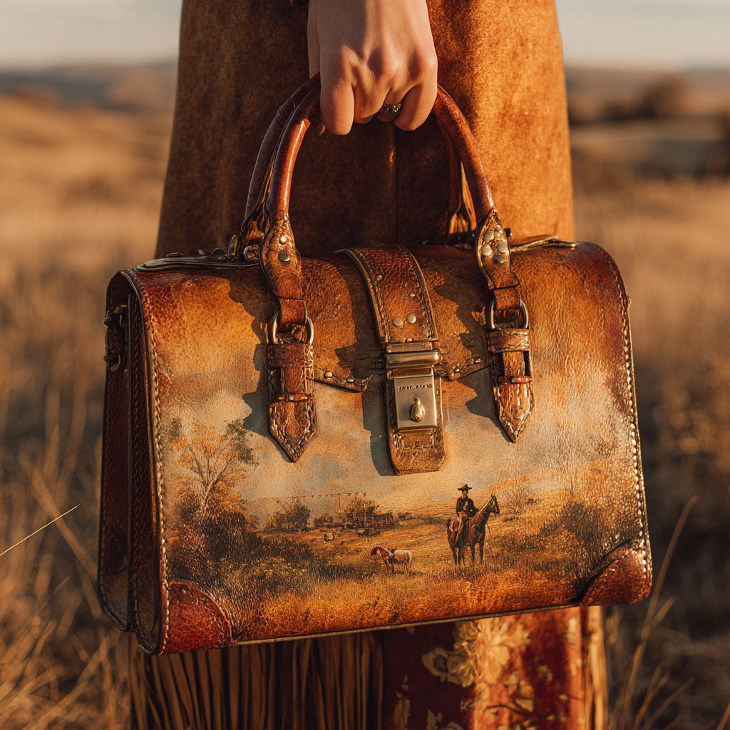 Hand-Painted Western Cowboy Distressed Leather Doctor Bag