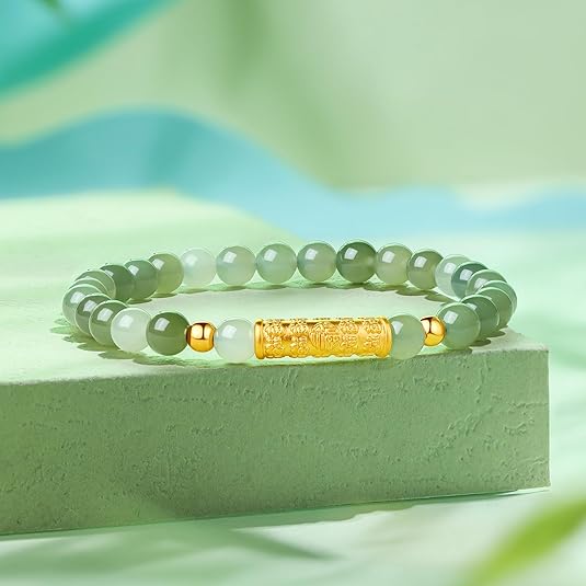 IGF1-24K Gold Green Jade Beaded Bracelet – Adjustable Stretch Bracelet
