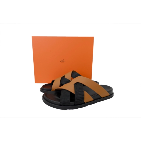 HERMES Coffee Cross Strap Slides