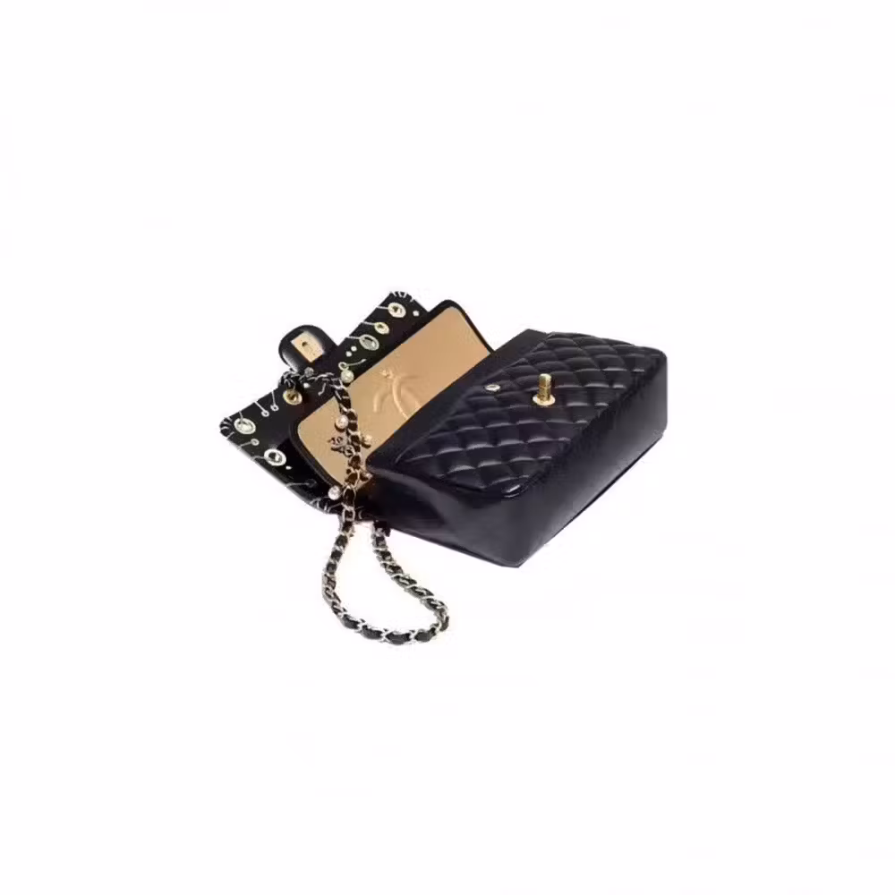 Chanel (CHANEL) Women's Bag CF Gold Buckle Pearl Hanging Ornaments Diamond Plaid Leather Chain Bag Crossbody Shoulder Bag Women's Black A01112-B00138-94305 Bag 25.5cm Long 6.5cm Wide 15.5cm High