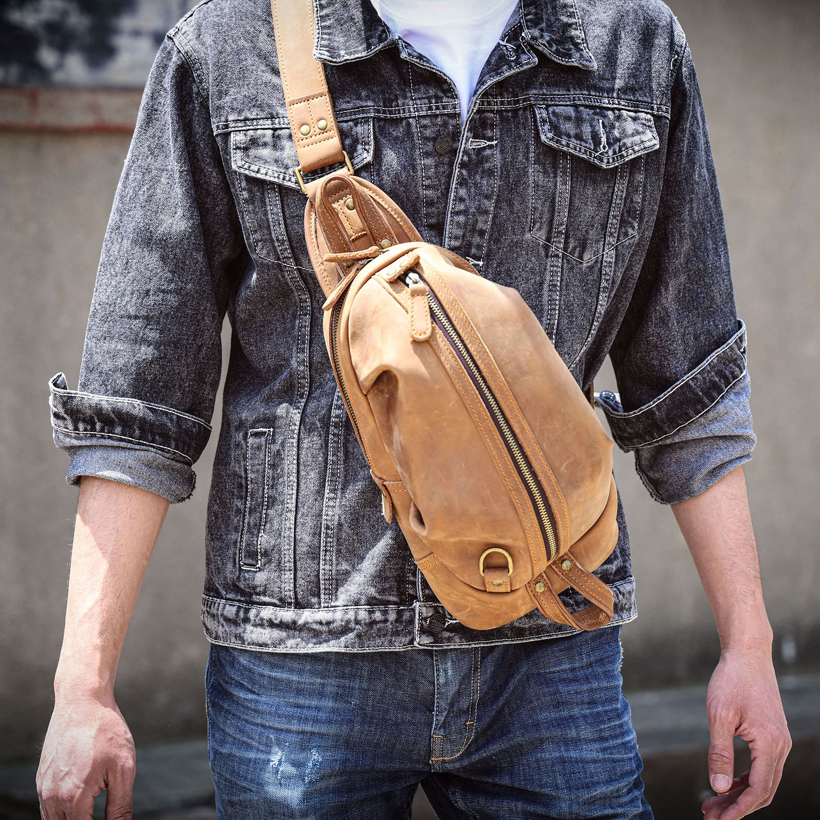 Vintage Tan Leather Sling Backpack - Rugged Utility for the Modern Explorer