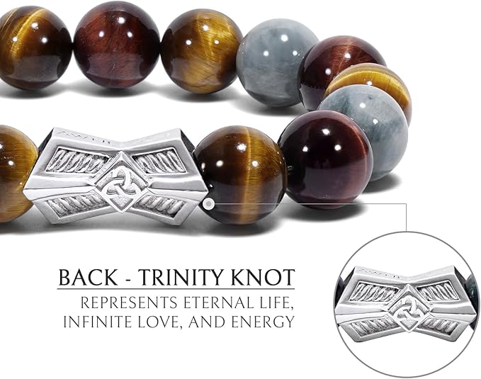 R5-Men's Natural Gemstone Beaded Bracelet with Sterling Silver Engraved Charm 12mm Stretch Bracelet
