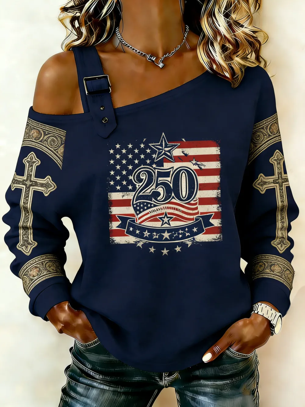 Women's 250th Anniversary Flag Cross Printed Hoodie with Slanted Shoulders
