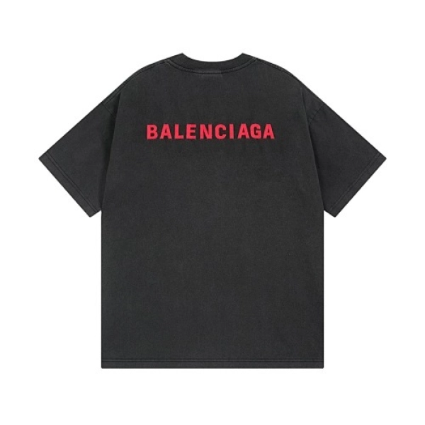 Balenciaga Clothes Logo Embroidered Washed Distressed T-shirt Black/Blue