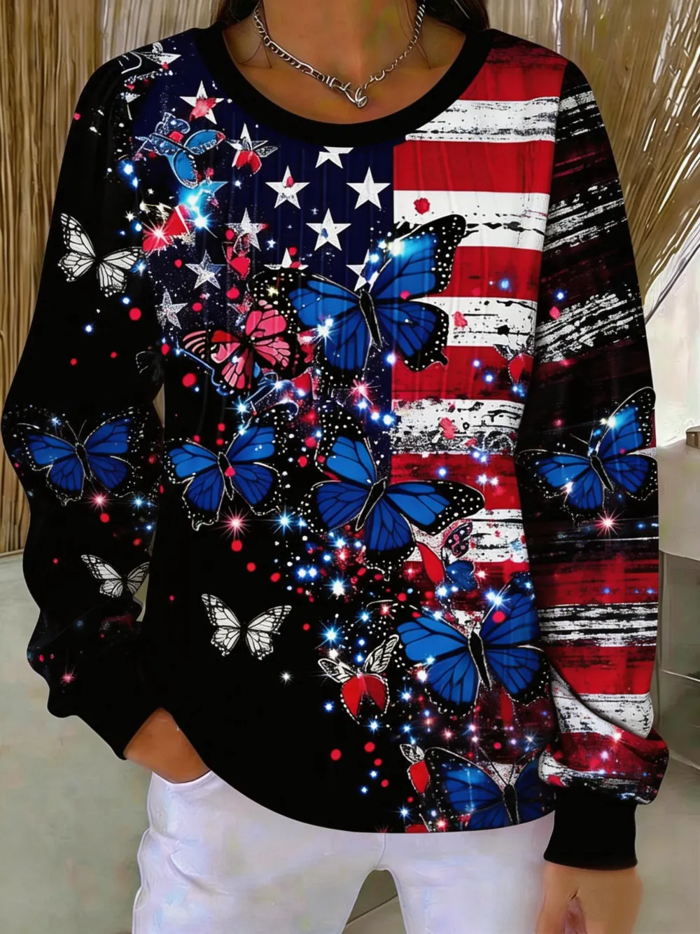 Women's Butterfly Flag Logo Printed Round Neck Hoodie