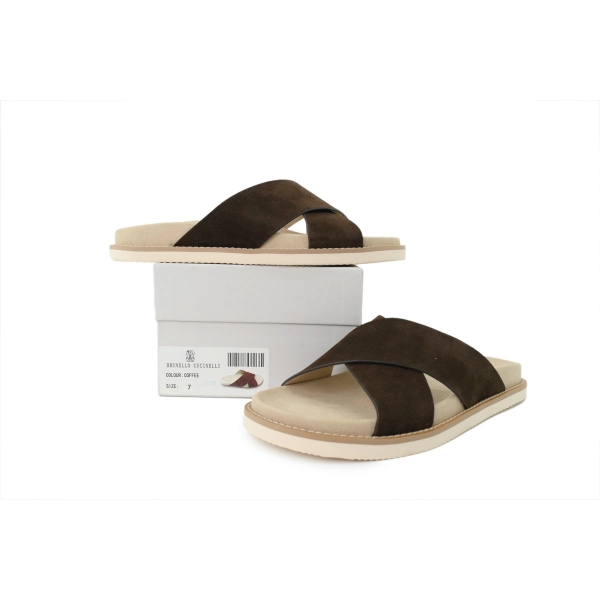 Brunello Cucinelli Suede Crisscross Slides Coffee