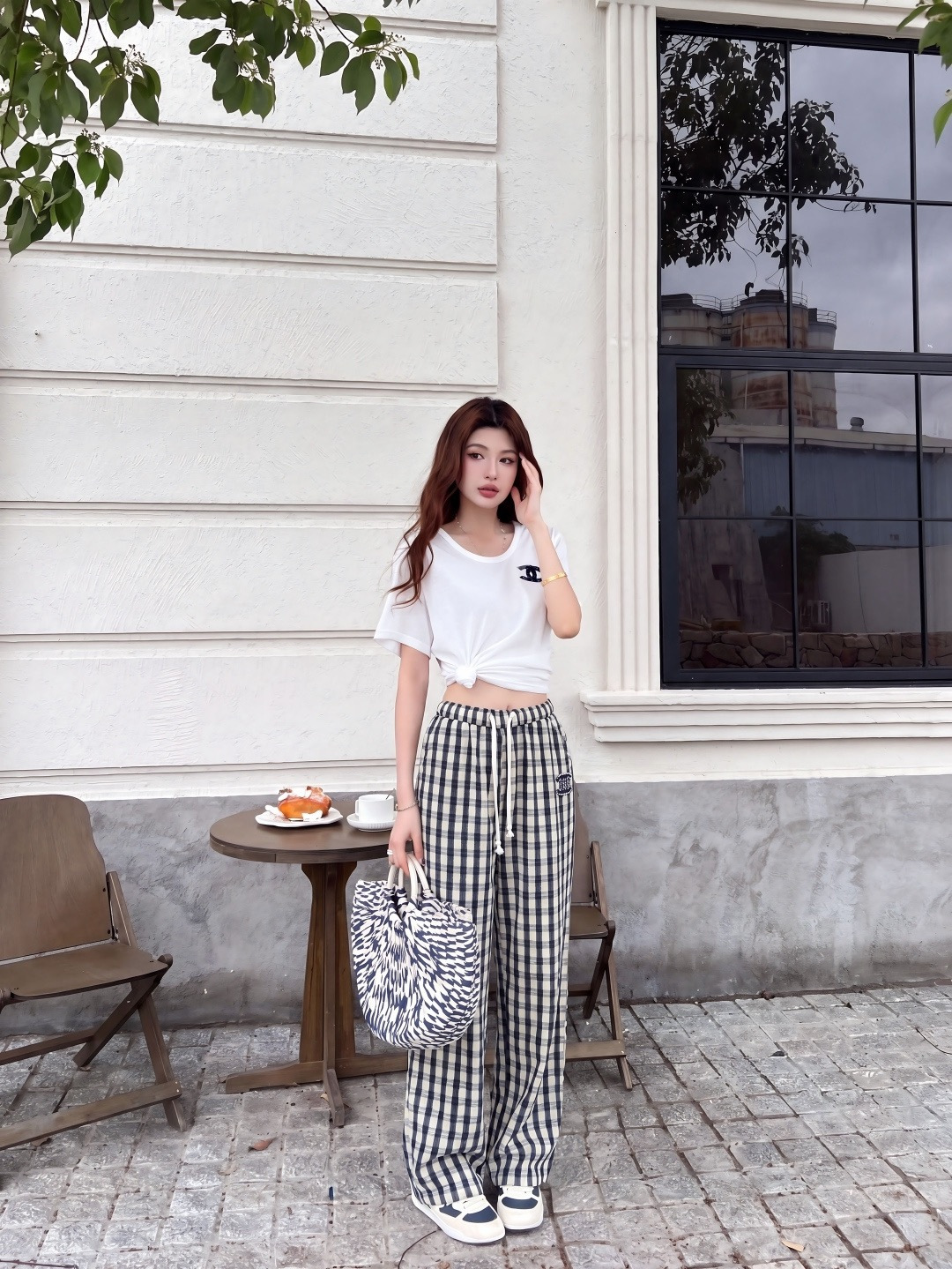 Chan New Plaid Wide-Leg Curved Knife Pants