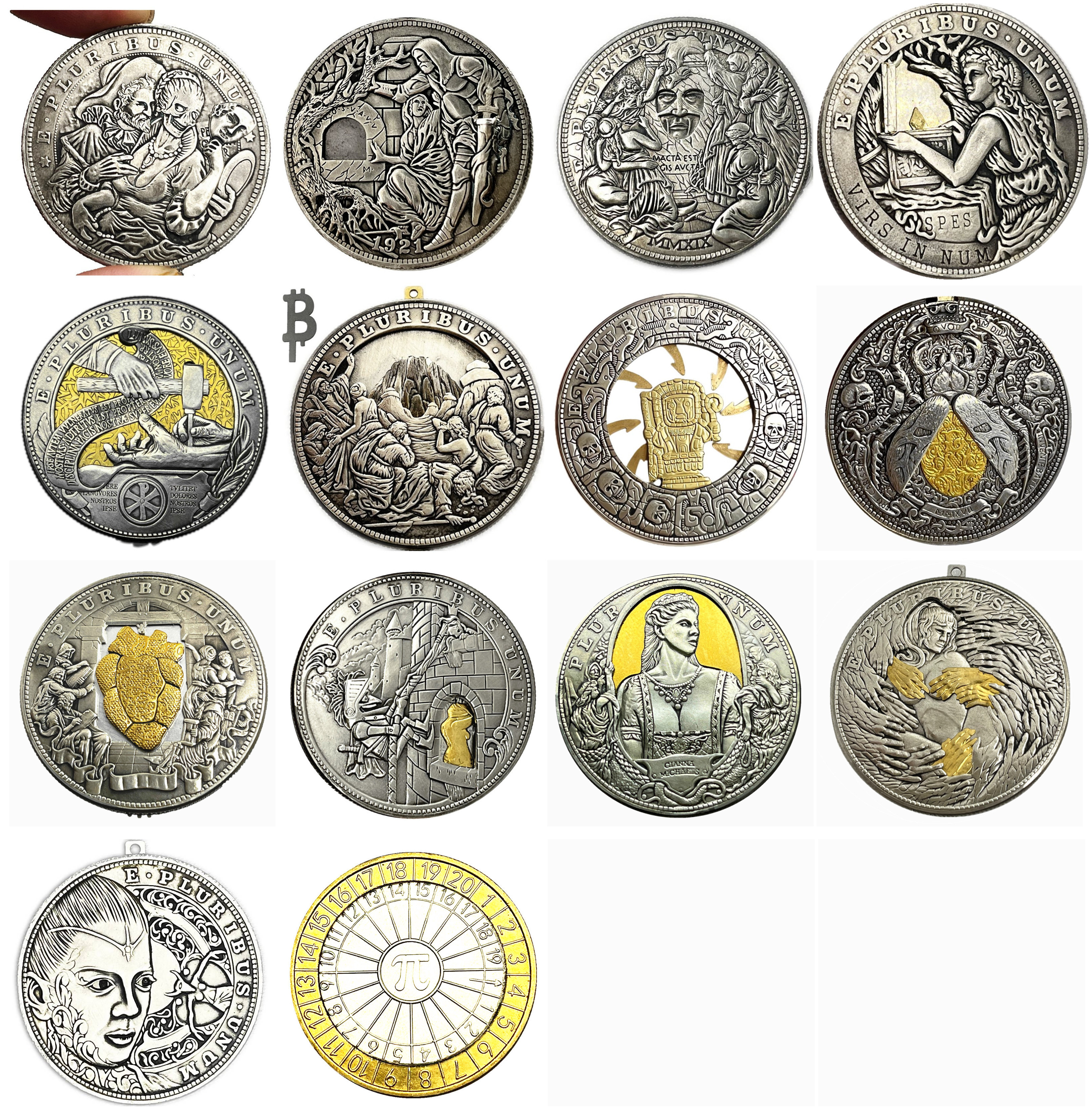 Active Mechanical Coin Holy Grail/Beating Heart Coin Mix 14pcs Roman Booteen Amazing Art Token Hobo Nickel Morgan Dollar Magic Collectible Creative Gift Handmade Commemorative Coin
