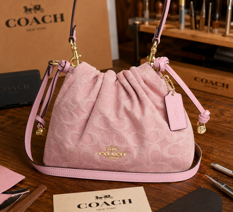 Coach CFD03 IMNH1 Faye Drawstring Bag, Signature Denim, Light Pink, Crossbody Bag