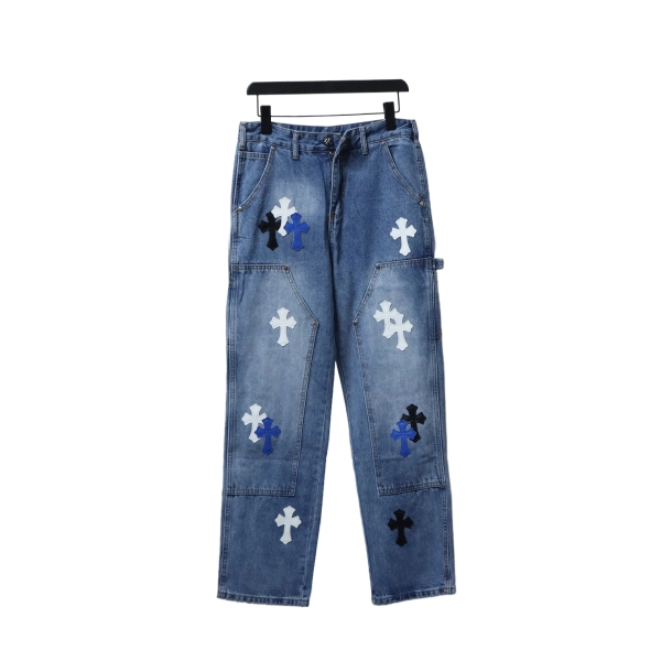 Chrome Hearts Fleur Knee Cross Patch Jeans Blue