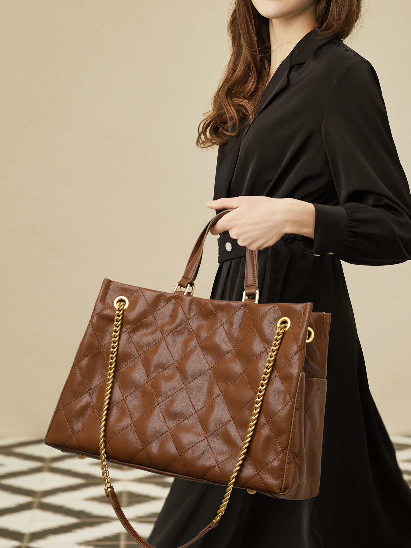 Cognac Brown Quilted Leather Tote