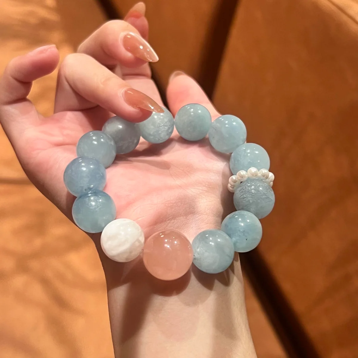 天然海蓝宝石与粉晶手链