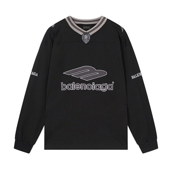 Balenciaga Clothes 3B Silhouette Ribbed V-Neck Embroidered & Printed Long-Sleeve T-Shirt Black/Blue