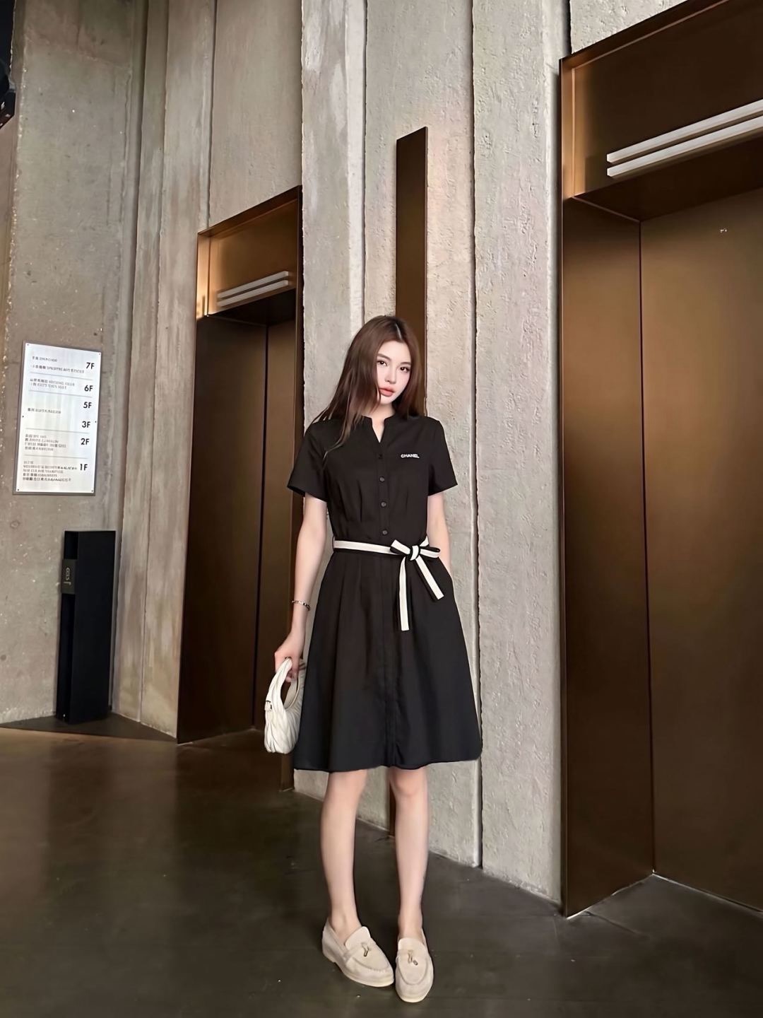 Chan New Color-block waist belt dress