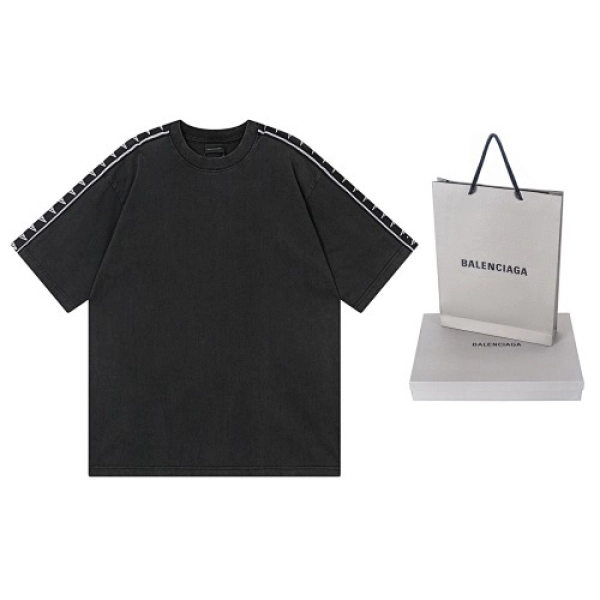 Balenciaga Clothes Washed & Distressed T-Shirt With 3B Artistic Webbing Accents Sleeves Black/Apricot