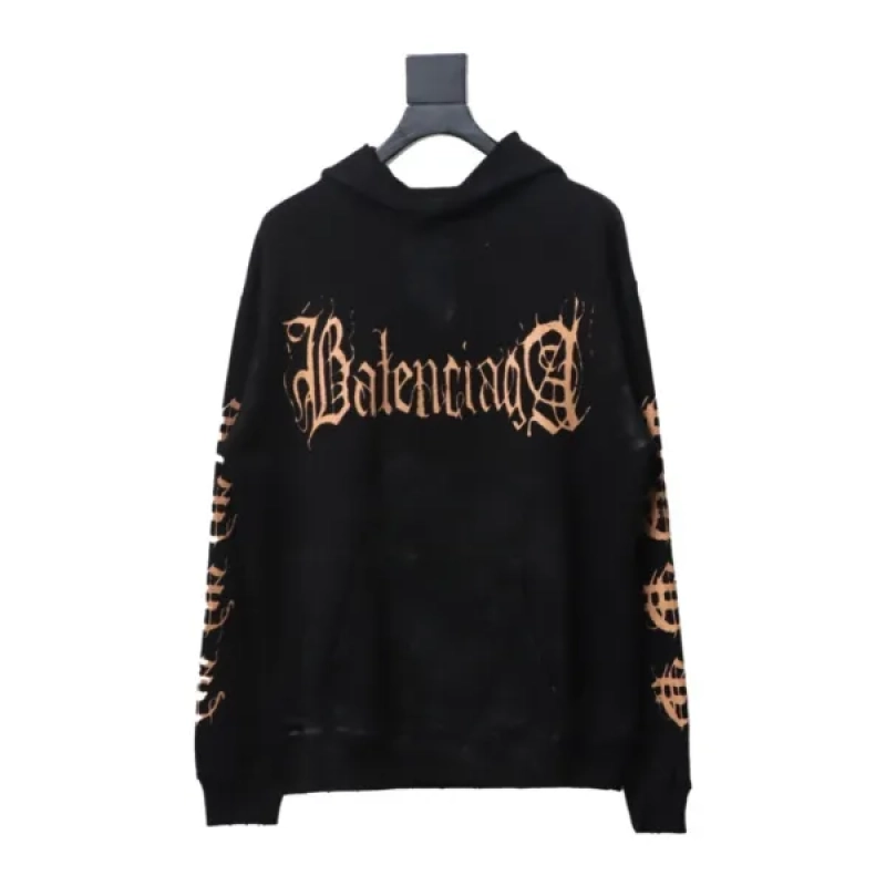 Balenciaga Clothes Metal Logo Printed Splattered Cotton Hoodie Black Brown