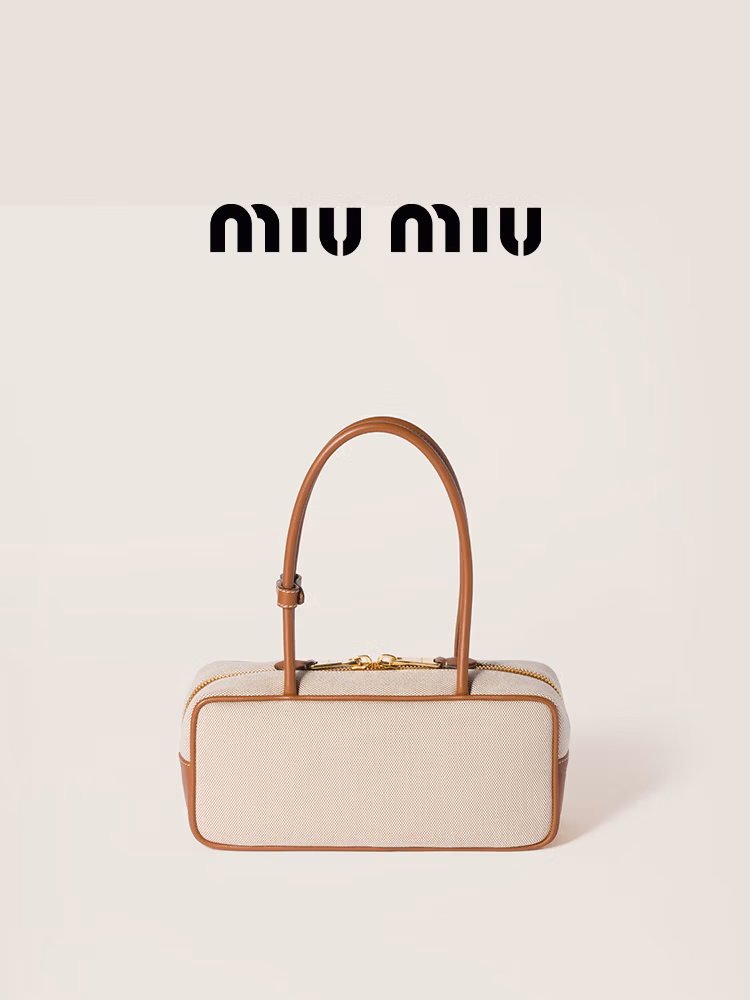 MiuMiu Miu Women Beau Small Canvas and Cow Leather Shoulder Bag Handbag Natural/Brandy
