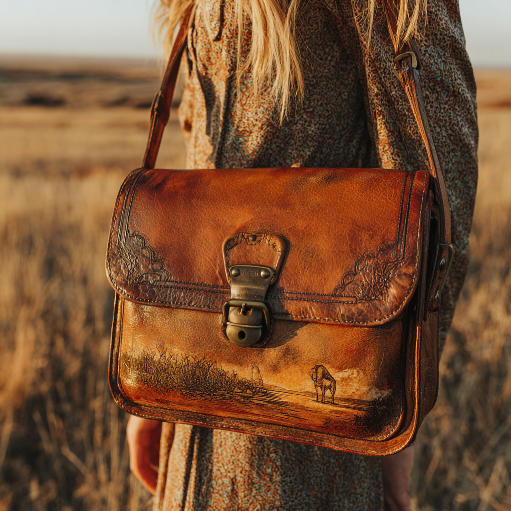 Hand-Painted Western Prairie Antelope Distressed Leather Messenger Bag