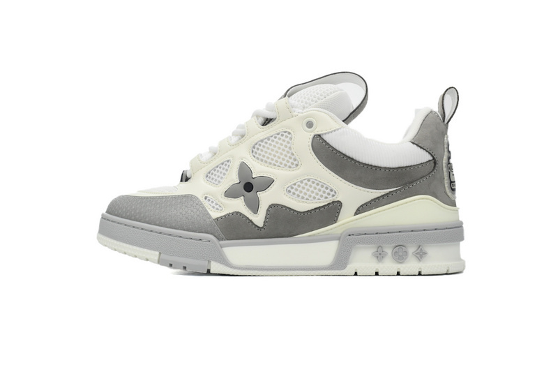 Pkkicks God Batch LOUIS VUITTON Leather lace up Fashionable Board Shoes White Gray 1ACQP4
