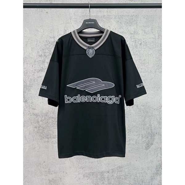 Balenciaga Clothes 3B Silhouette Ribbed V-neck Printed T-shirt Black/Dark Blue/Gray