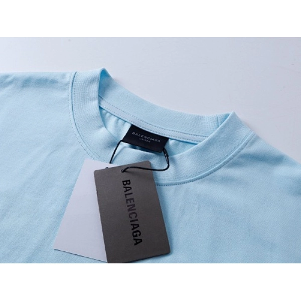 Balenciaga Clothes Logo Embroidered Washed Distressed T-shirt Black/Blue