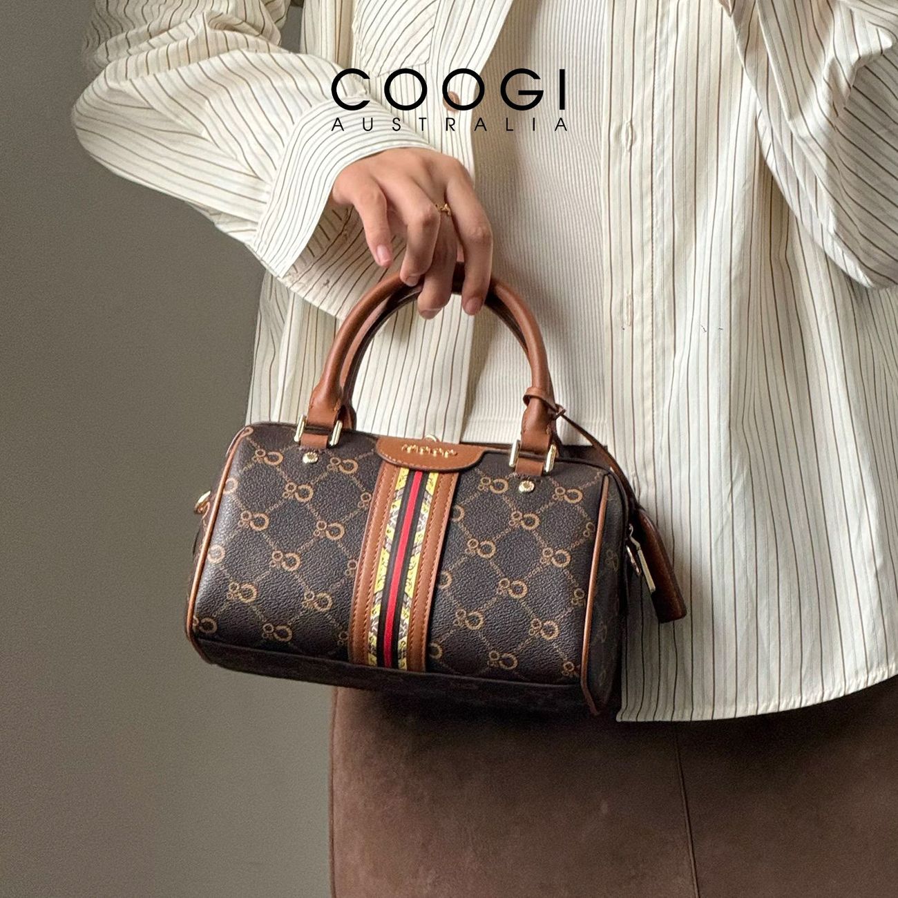 [COOGI] Boston Bag 2026 New Style Top Layer Cowhide Women's Crossbody Bag Light Luxury Old Flower Handbag Birthday Gift